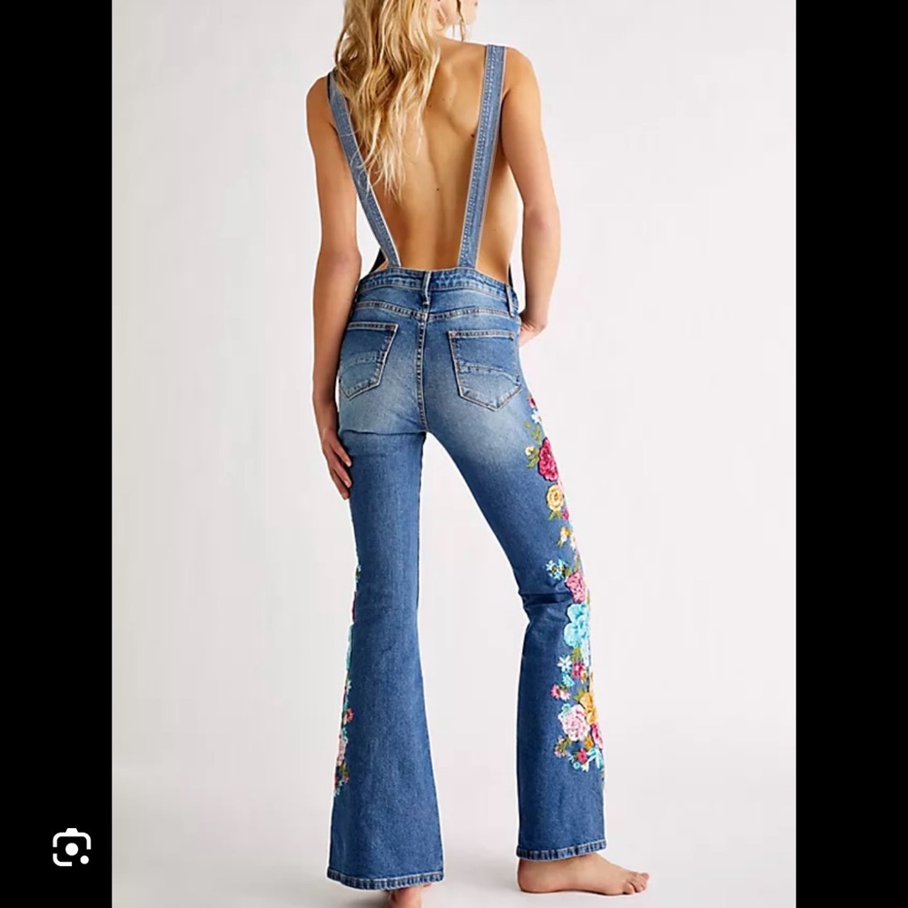 Freepeople x Driftwood EMBROIDERED FLORAL Flare Legs Denim Overalls